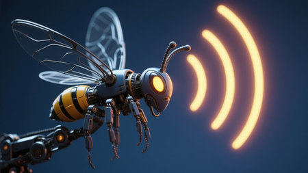 Robotic insect with glowing eyes and wireless signal emissionの素材