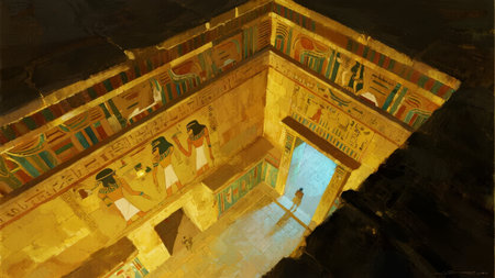 Interior of an ancient Egyptian tomb with hieroglyphic wall paintings and a doorway leading to a blue-lit chamberの素材