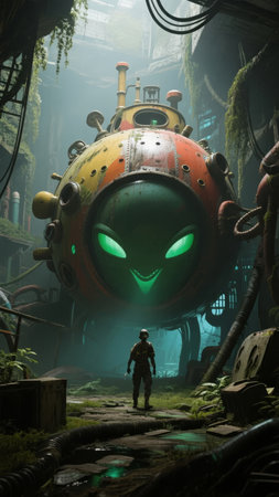 A lone figure stands before a massive, glowing alien vessel in a lush, overgrown industrial ruin.の素材