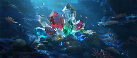 Underwater crystal formation glowing with vibrant colors in a deep-sea environmentの素材