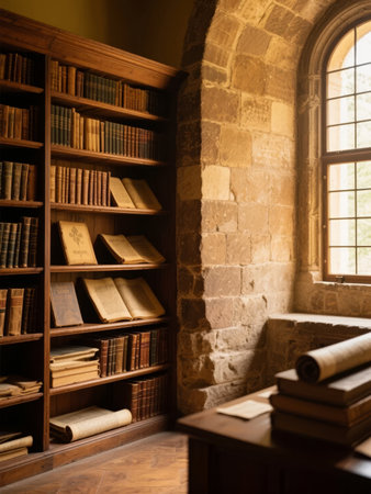 Old stone-walled library with wooden bookshelves, ancient books, and a window letting in natural lightの素材