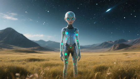 A humanoid alien stands in a vast desert landscape under a starry sky with a glowing comet in the distance.の素材