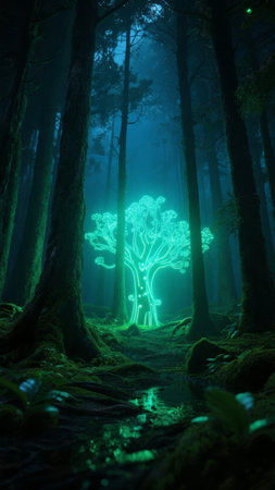 Glowing tree in a mystical forest at night, surrounded by dark trees and bioluminescent plantsの素材