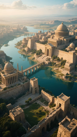 Aerial view of an ancient city with grand stone architecture, domed buildings, and a winding riverの素材