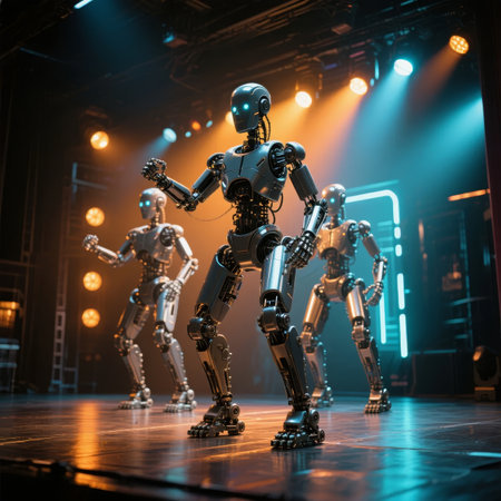 Three humanoid robots performing on a stage under dramatic lightingの素材