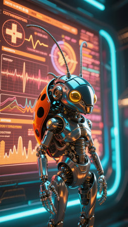 Robotic insect with mechanical features and glowing eyes stands in front of a high-tech digital interface displaying medical data.の素材