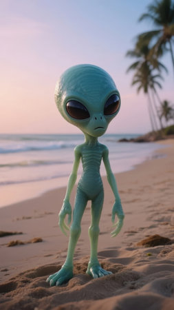 Green alien standing on a sandy beach at sunset with palm trees in the backgroundの素材
