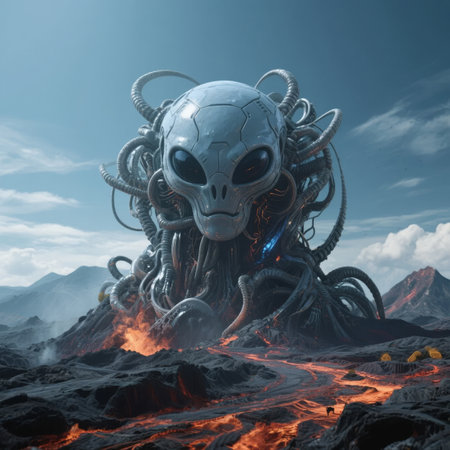 Giant alien-like creature with tentacles emerging from a volcanic landscapeの素材