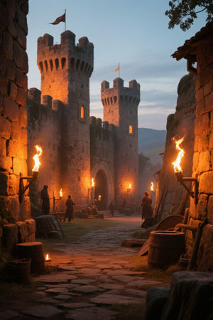 Medieval stone castle at dusk with torchlit entrance and guardsの素材