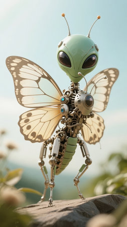 Mechanical alien insect with butterfly wings perched on a rockの素材