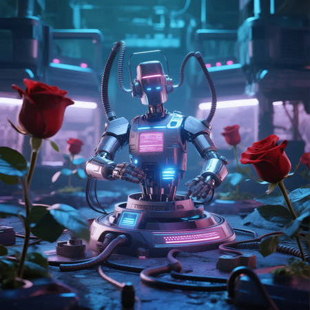 A futuristic robot with glowing blue lights sits amidst red roses in a high-tech, neon-lit environment.の素材
