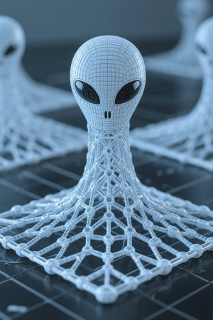 3D-printed alien figure with wireframe design on grid surfaceの素材