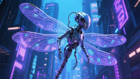 Cybernetic dragonfly with glowing wings in a futuristic neon cityscapeの素材