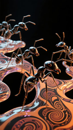 Ants crawling on a reflective, swirling surface with abstract patternsの素材