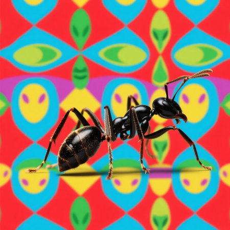 A black ant is depicted in profile against a vibrant, colorful geometric background with repeating alien-like patterns.の素材