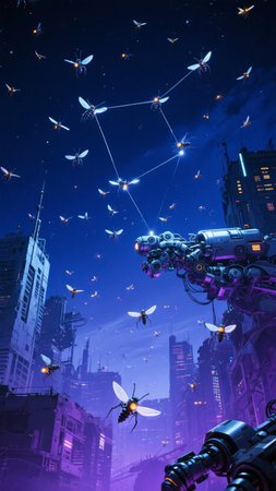 Futuristic cityscape at night with flying insects and robotic vehicles in a cyberpunk environmentの素材