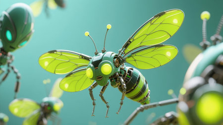 Robotic insect with green wings and mechanical body in flightの素材