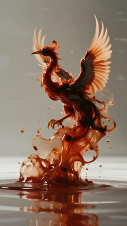 A mythical phoenix-like bird emerging from a splash of liquid, resembling molten amber or fire, with wings spread and reflected in water.の素材