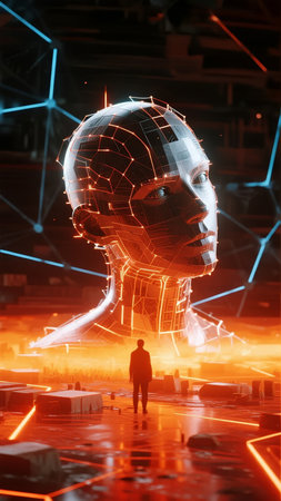 A human figure stands before a colossal, glowing digital head in a futuristic, neon-lit environment with geometric patterns and reflective surfaces.の素材