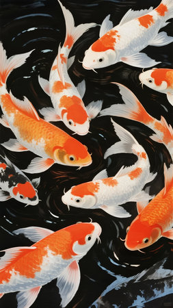 A group of orange and white koi fish swimming in dark water with visible ripples.の素材