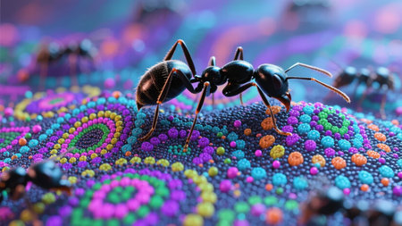 Ants crawling on a colorful, patterned surface made of small beadsの素材