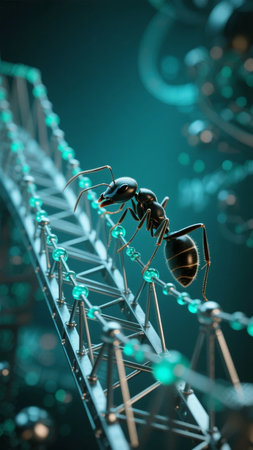 Ant crawling on a glowing molecular structure in a futuristic settingの素材