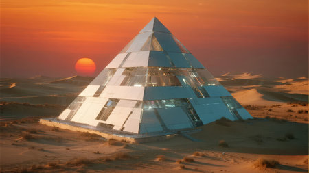 Modern glass pyramid structure in desert at sunsetの素材