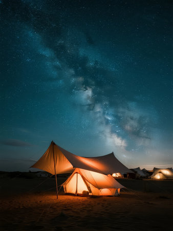 Illuminated tent under the Milky Way in a desert at nightの素材
