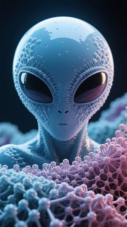 Close-up of a blue alien with large eyes and textured skin amidst a molecular-like structureの素材