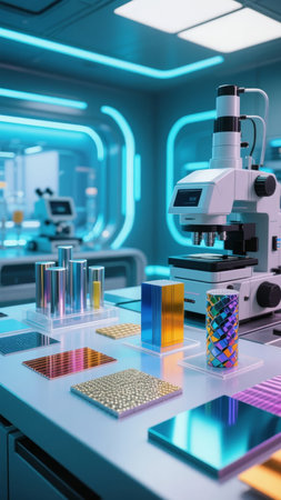 Modern laboratory with advanced microscope and colorful scientific materials on a workbenchの素材