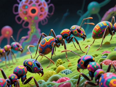 Colorful patterned ants in a surreal, vibrant alien landscapeの素材