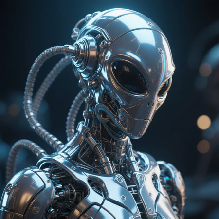 Close-up of a metallic robotic alien with intricate mechanical features and glowing eyesの素材