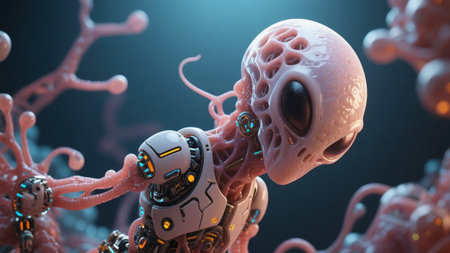 A robotic figure interacts with a large, alien-like octopus in a surreal underwater environment.の素材