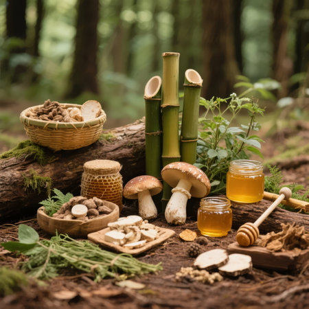 Natural forest ingredients including mushrooms, herbs, honey, and bamboo arranged on a log in a woodland settingの素材