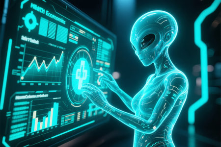 Alien figure interacting with a futuristic digital interface displaying economic data and analytics.の素材