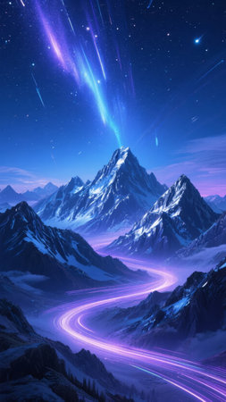 Majestic mountain range under a starry night sky with glowing auroras and a luminous river winding through the valleyの素材