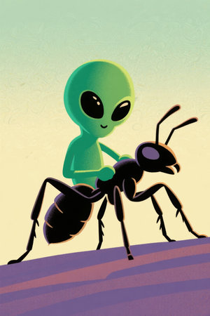 A green alien riding a large ant on a colorful landscapeの素材