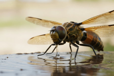 Close-up of a dragonfly drinking water from a reflective surfaceの素材