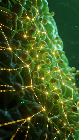 Microscopic view of cellular structure with illuminated neural network connectionsの素材