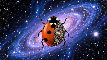 Mechanical ladybug with exposed gears floating in a starry galaxyの素材