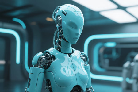 A humanoid robot with a sleek, futuristic design stands in a high-tech laboratory environment.の素材