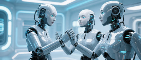 Three humanoid robots interacting in a futuristic high-tech environmentの素材