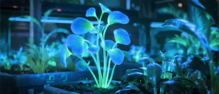 Bioluminescent plants glowing in a futuristic greenhouse environmentの素材