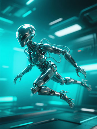 A humanoid robot in motion within a futuristic, neon-lit corridorの素材