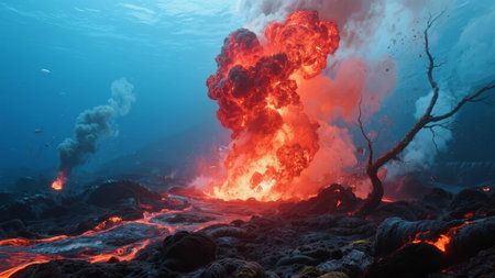 Underwater volcanic eruption with lava flowing across the ocean floorの素材