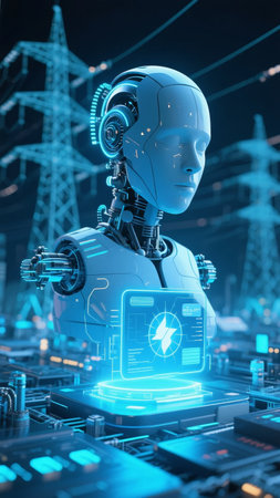 Futuristic humanoid robot with glowing interface in a high-tech industrial settingの素材