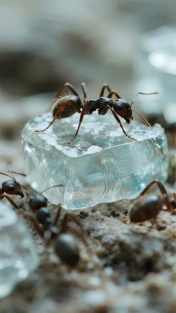 Ants climbing on a transparent ice cube in a natural settingの素材