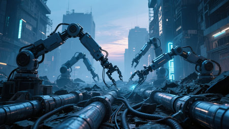Robotic arms in a dystopian urban environment with industrial pipes and neon-lit buildingsの素材