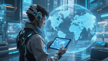 Person in futuristic gear using tablet with holographic globe in high-tech control roomの素材