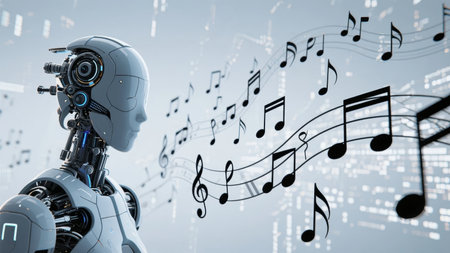 Robot with musical notes floating in a digital environmentの素材
